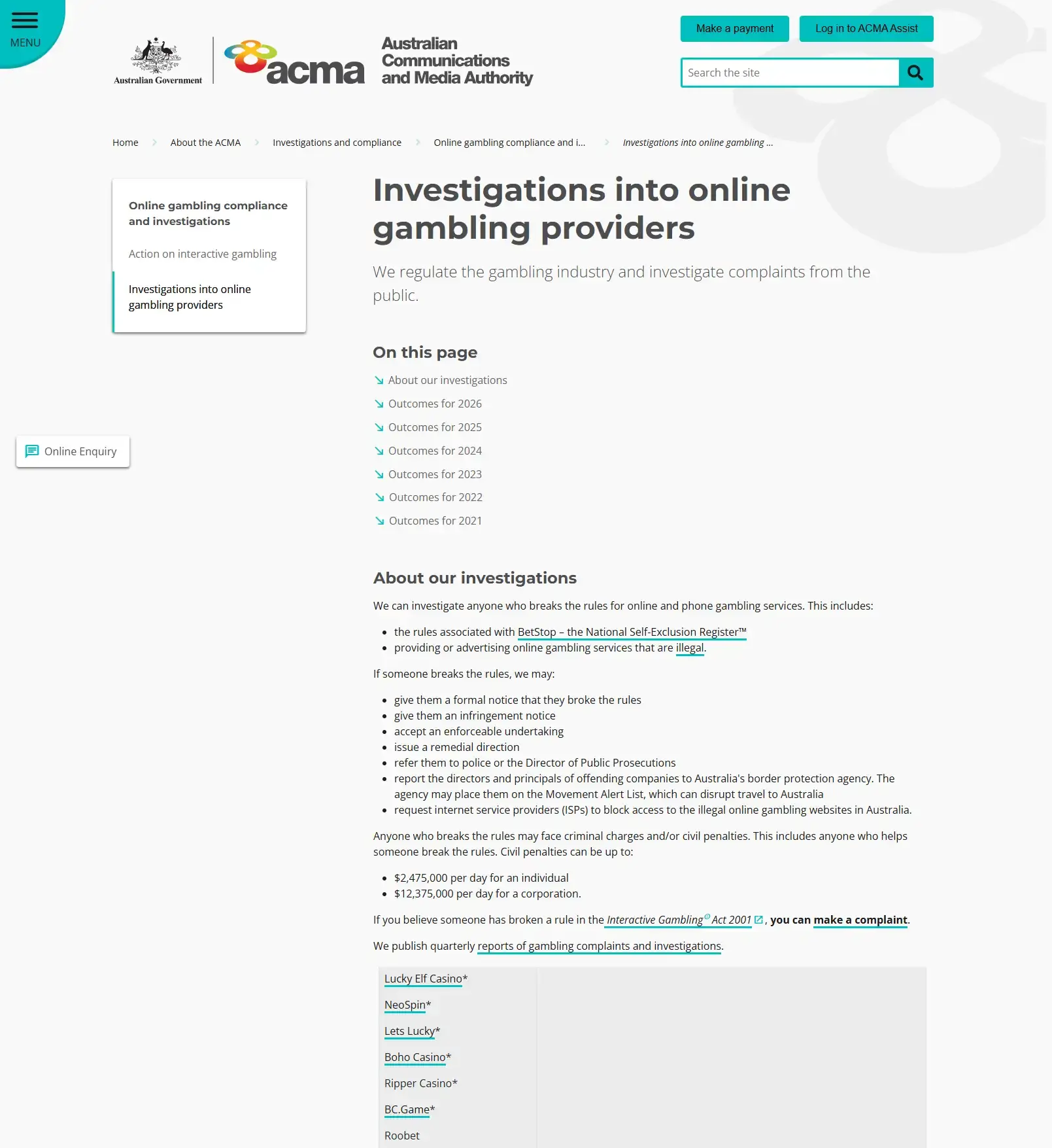 ACMA investigations register entry showing Ripper Casino