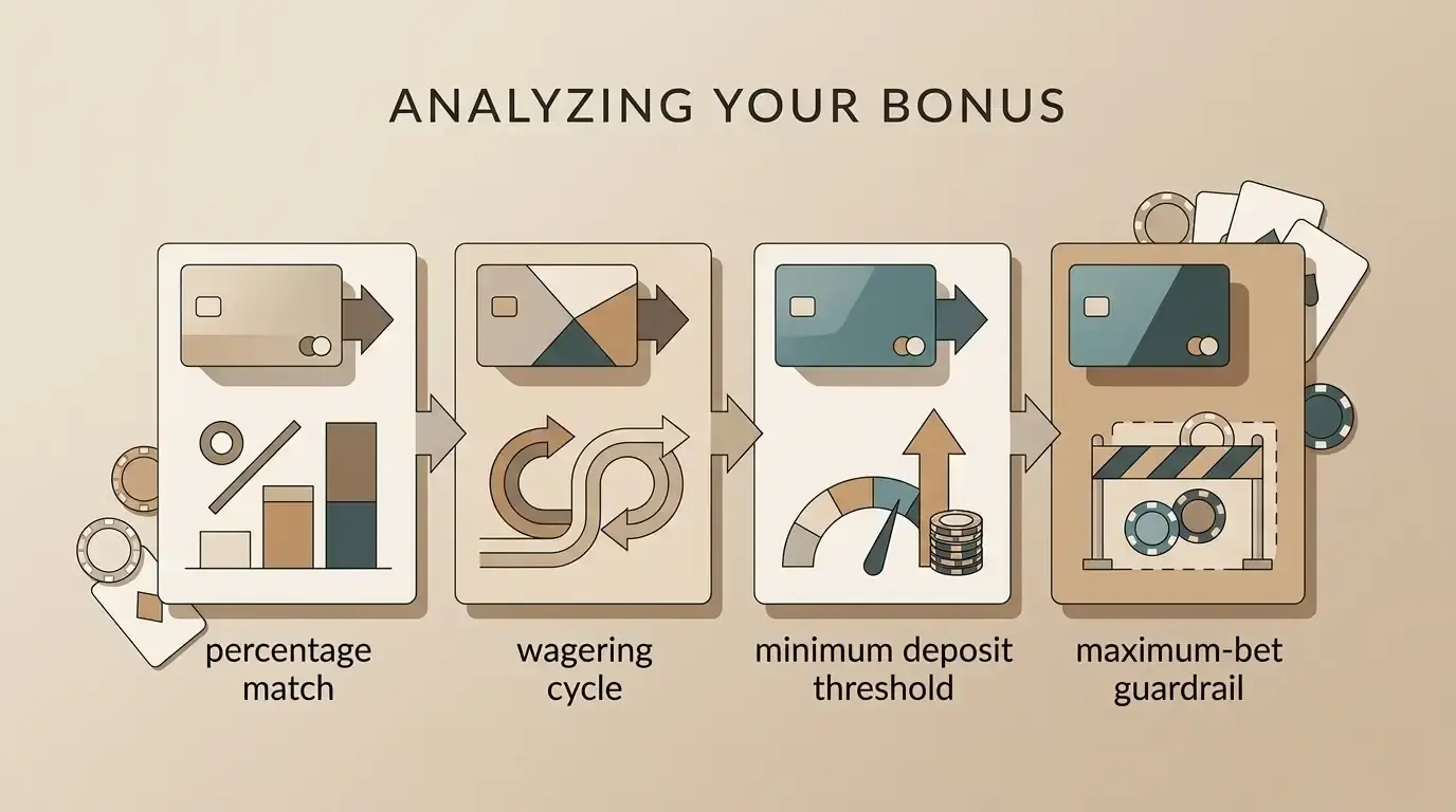 Editorial illustration breaking a casino bonus into deposit amount, wagering, minimum deposit and maximum bet components