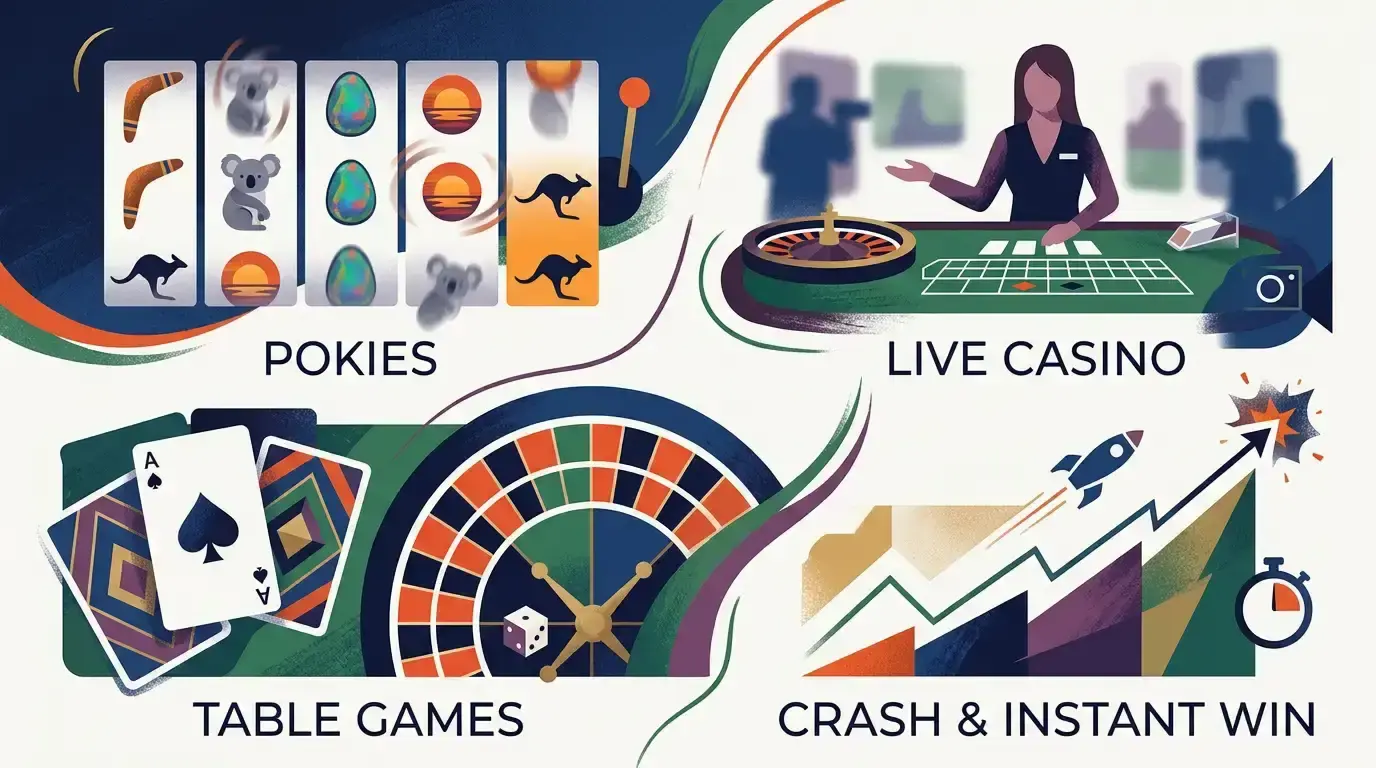 Editorial illustration combining generic pokies reels, playing cards, roulette and live dealer screen motifs without casino branding