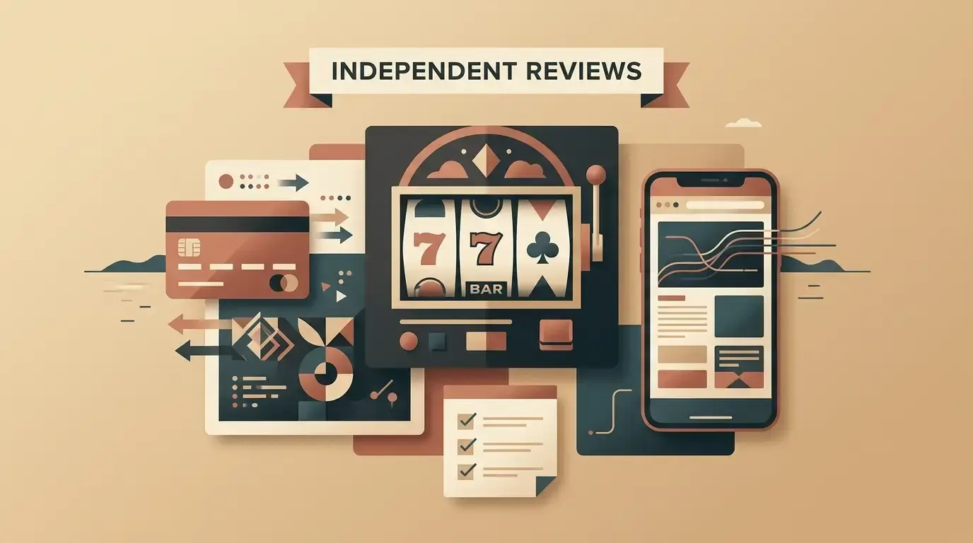 Editorial illustration of an Australian casino review dashboard with gaming, banking and mobile analysis motifs