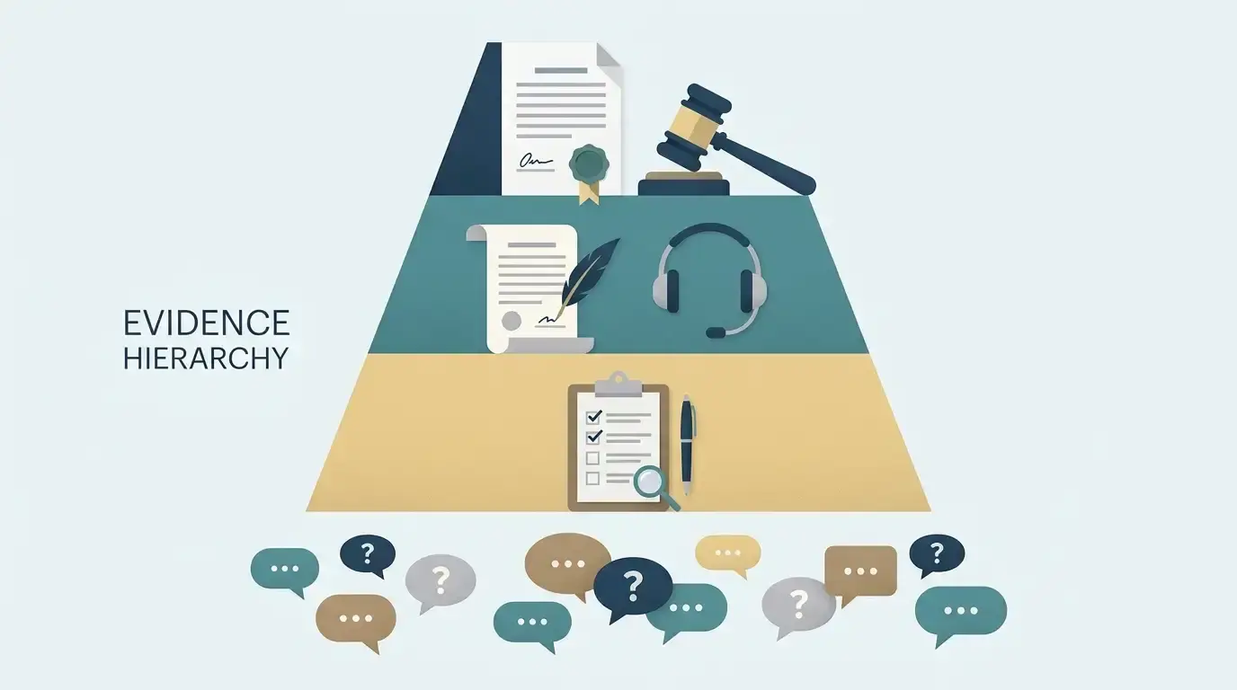 Editorial illustration showing regulator findings, official terms, independent reviews and player comments as separate evidence levels