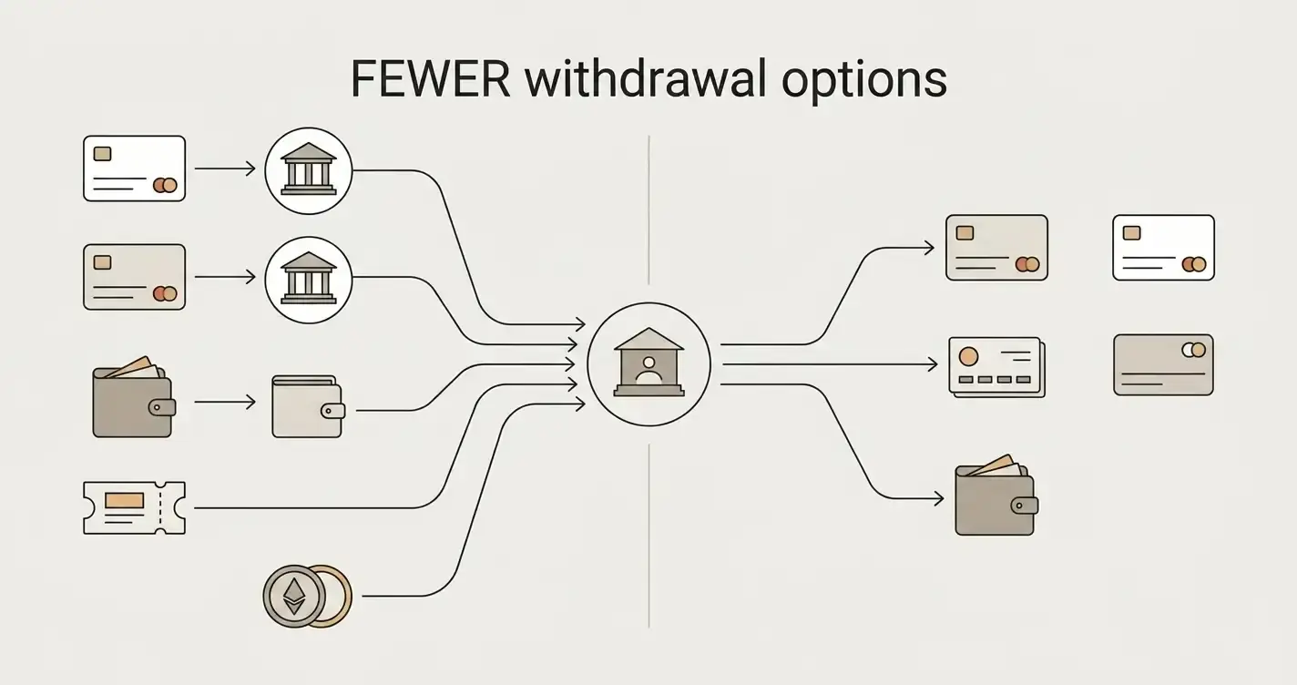 Editorial payment-flow diagram separating casino deposits from withdrawals across cards, bank transfer, wallet, voucher and crypto categories