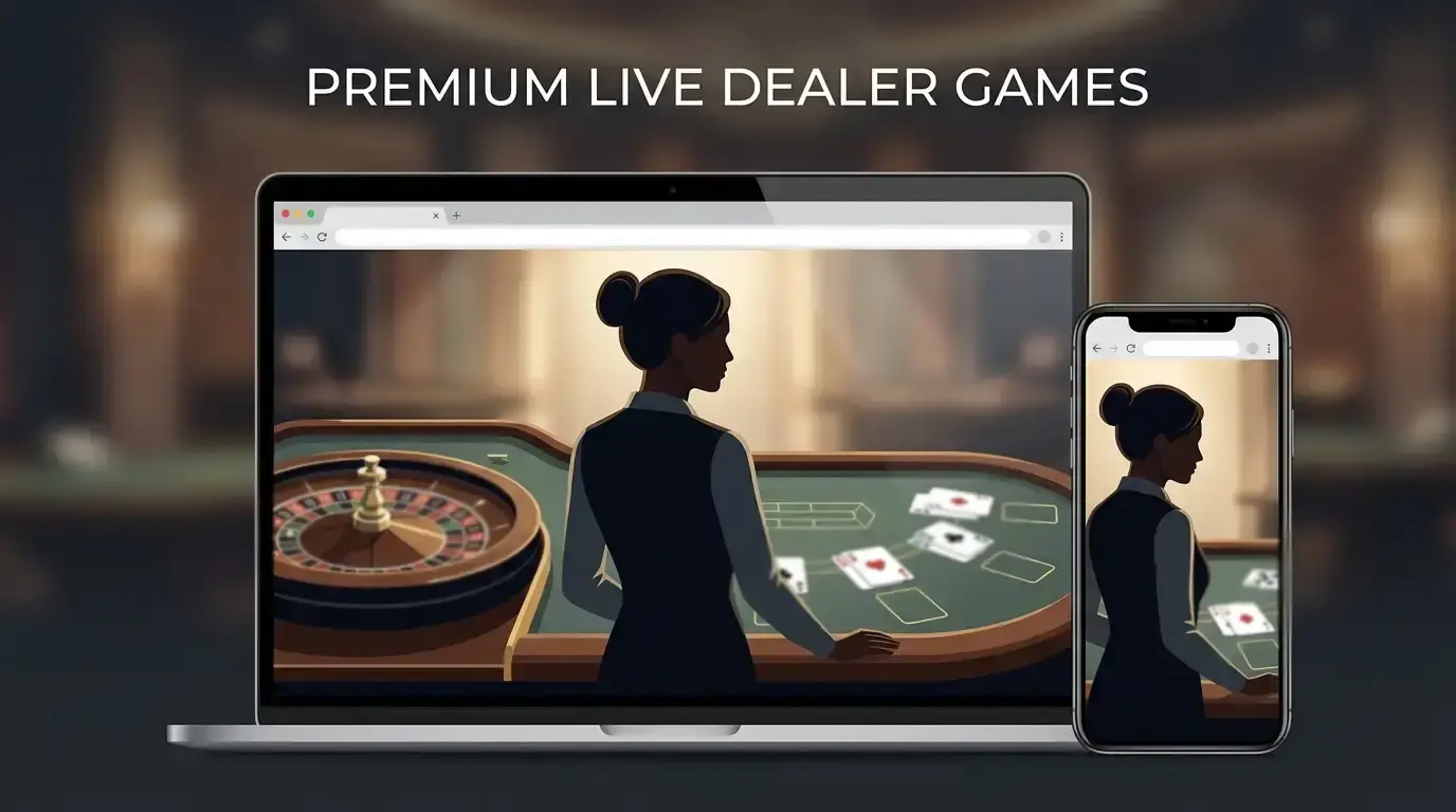 Illustration of a generic live casino table viewed on a laptop and phone