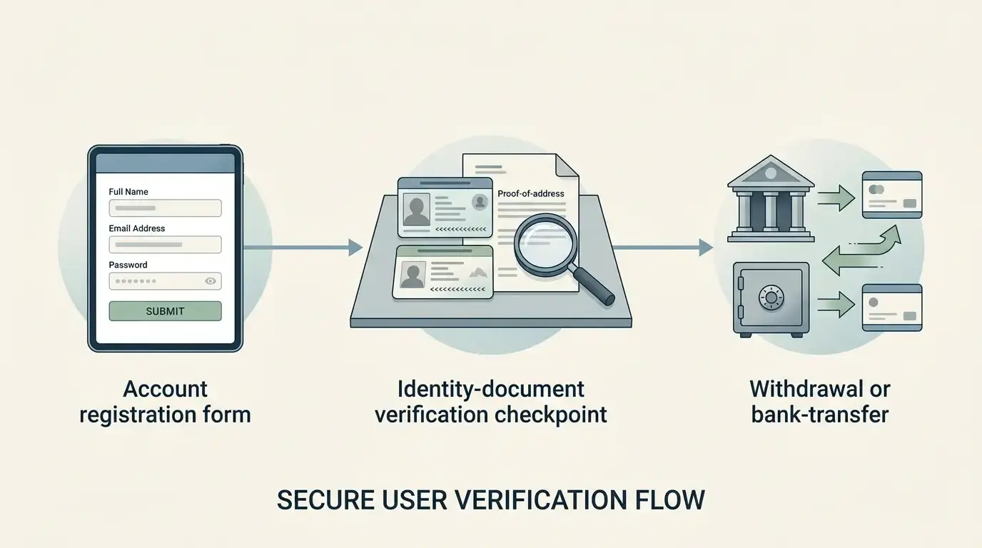 Illustration of a generic casino registration form leading to identity verification and a withdrawal stage